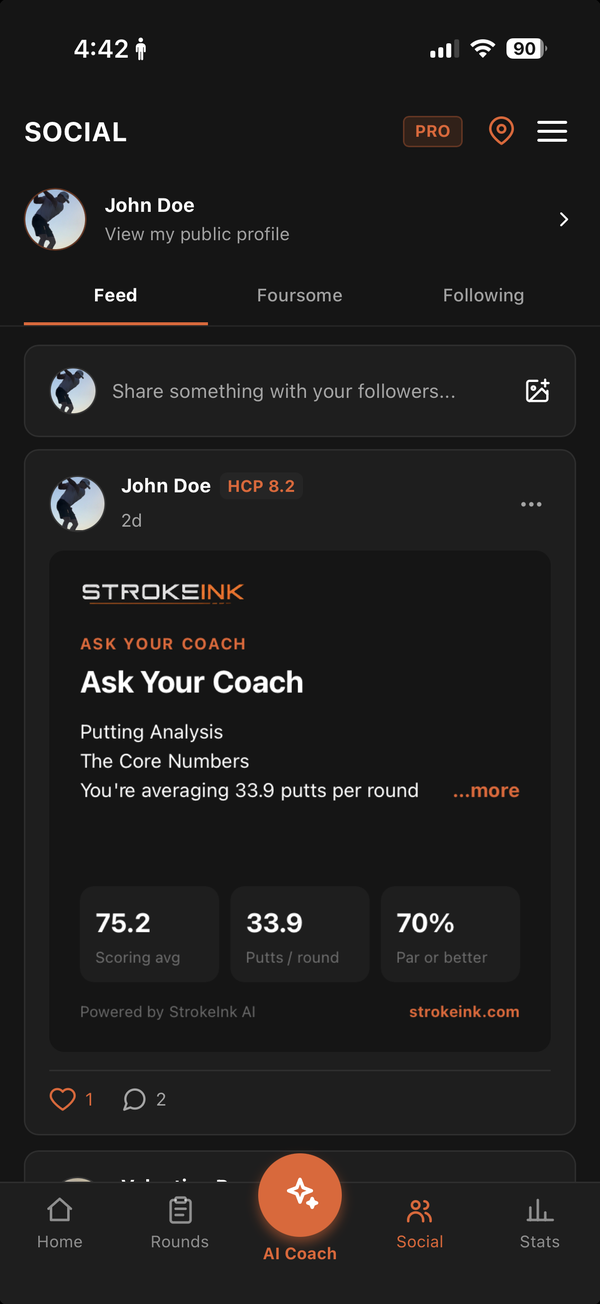 StrokeInk app — Social feed with public profile, foursome, and shared rounds